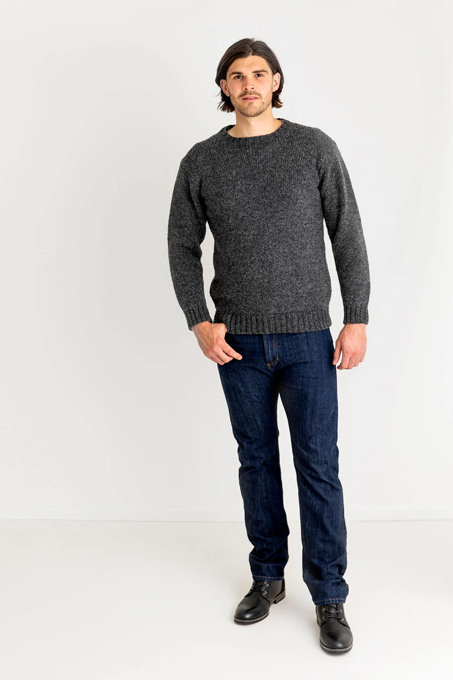 Mens Chunky Crew Neck Jumper - mid grey - Image 2