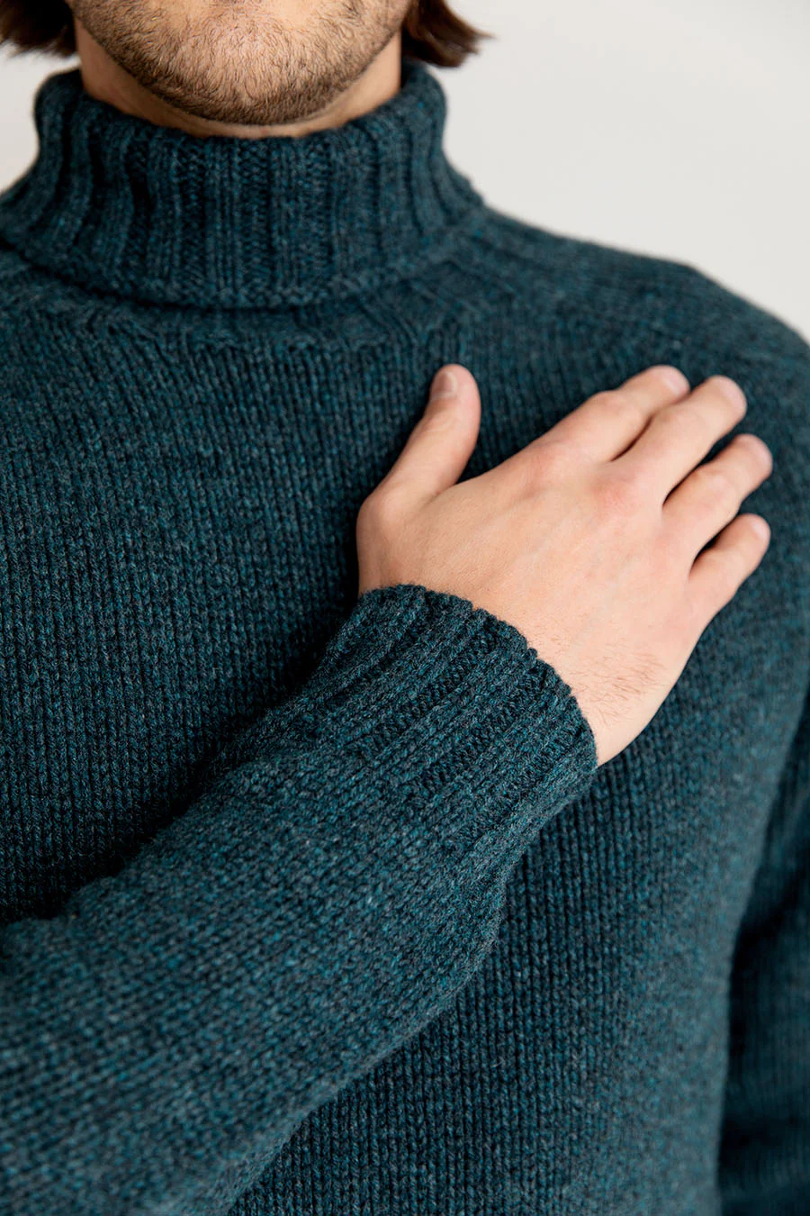 Mens Chunky Geelong Superfine Lambs wool Polo Neck Jumper - Teal - Image 2