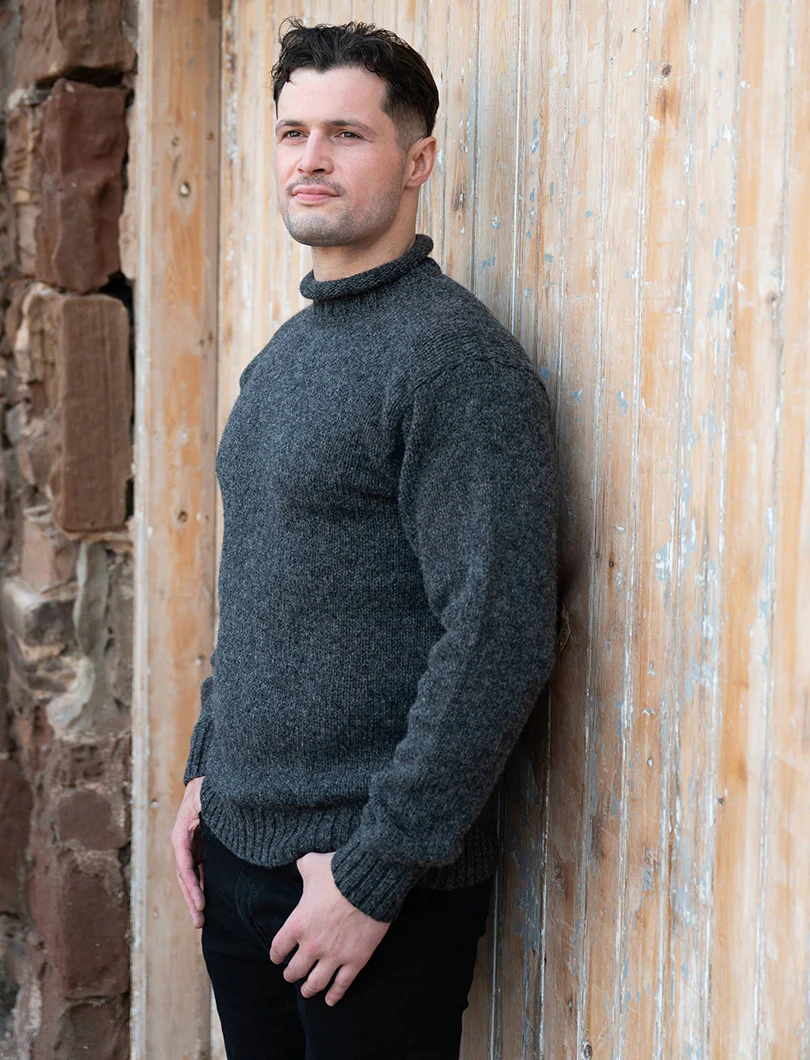 Mens Chunky Roll Neck Jumper - Mid Grey