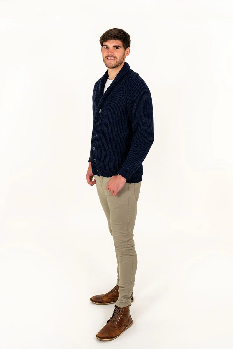 Mens ribbed Shawl Collar wool Cardigan - Navy - Image 4
