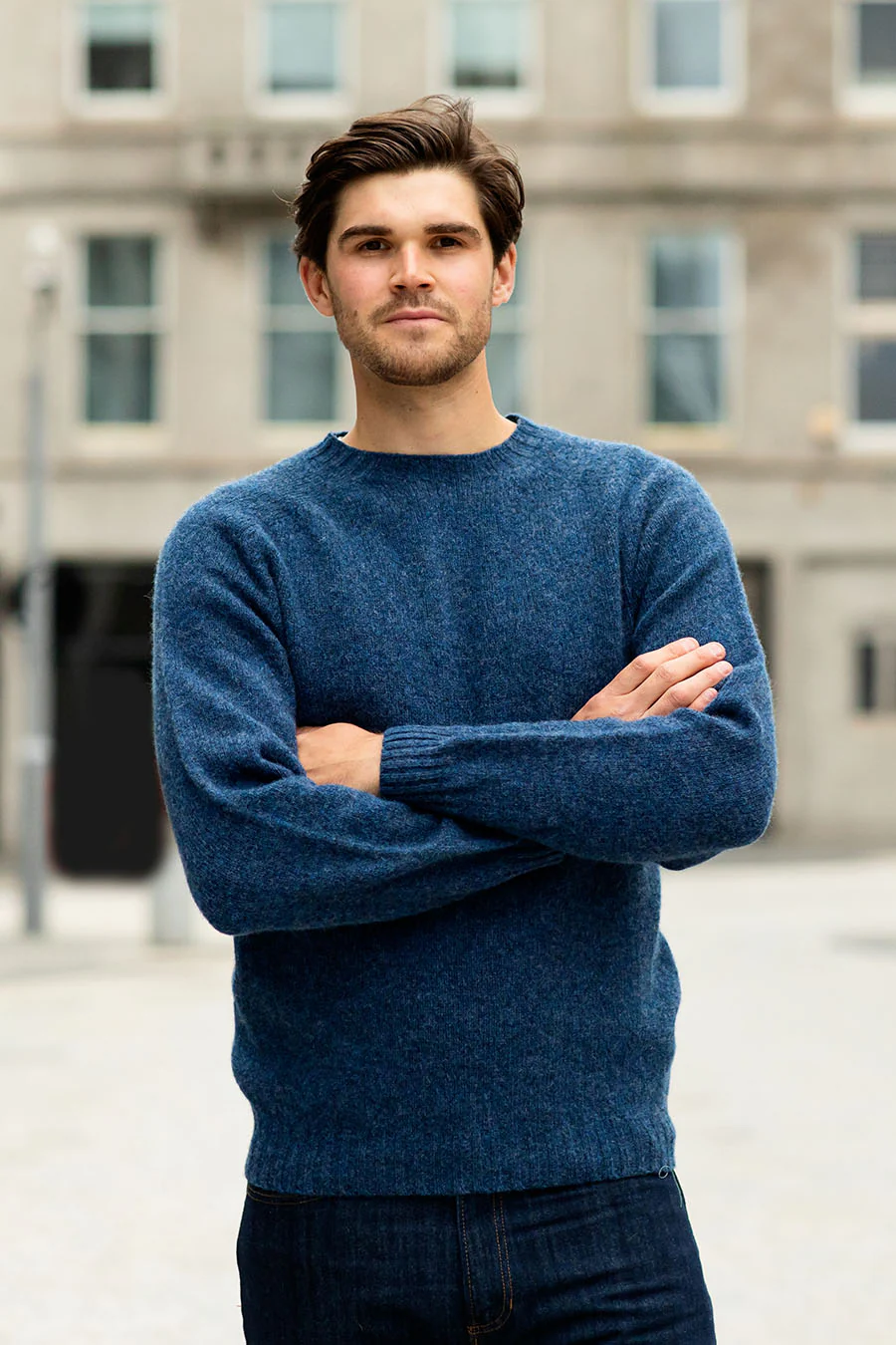 Mens Seamless Saddle Shoulder Shetland Jumper - denim blue - Image 8