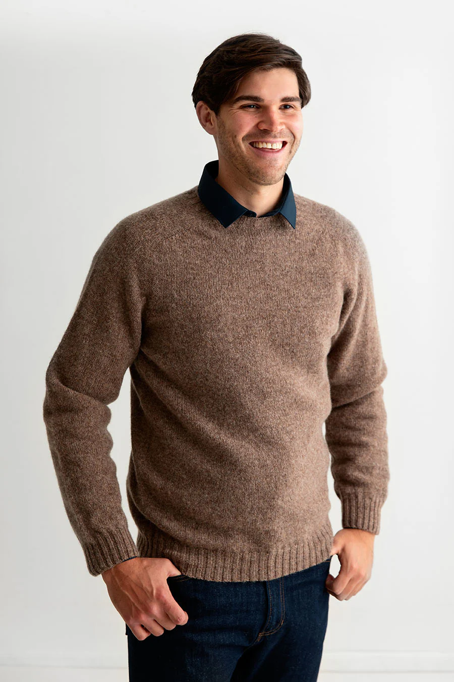 Mens Seamless Saddle Shoulder Shetland Jumper - Light Brown - Image 6