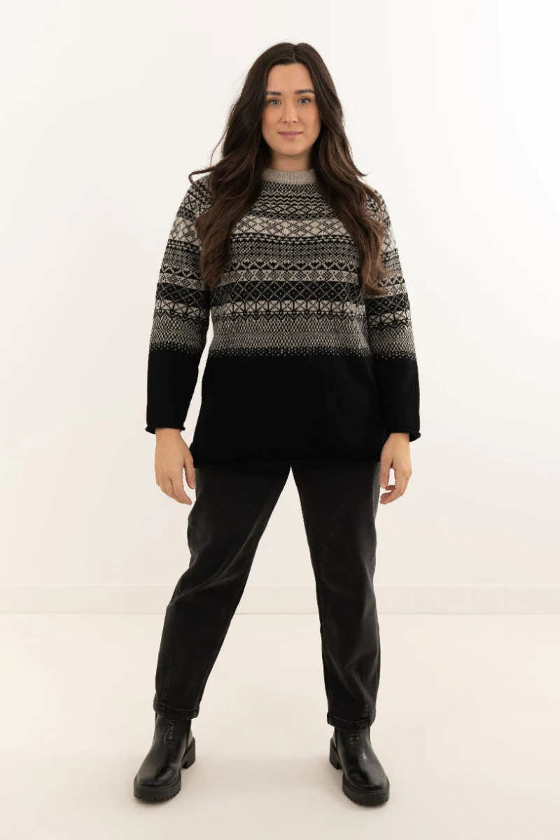 Womens Lace Fair Isle Tunic Jumper - Beige Black - Image 5