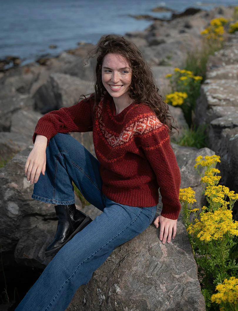 Womens Chunky Etive Yoke Fair Isle Jumper - Russet Red