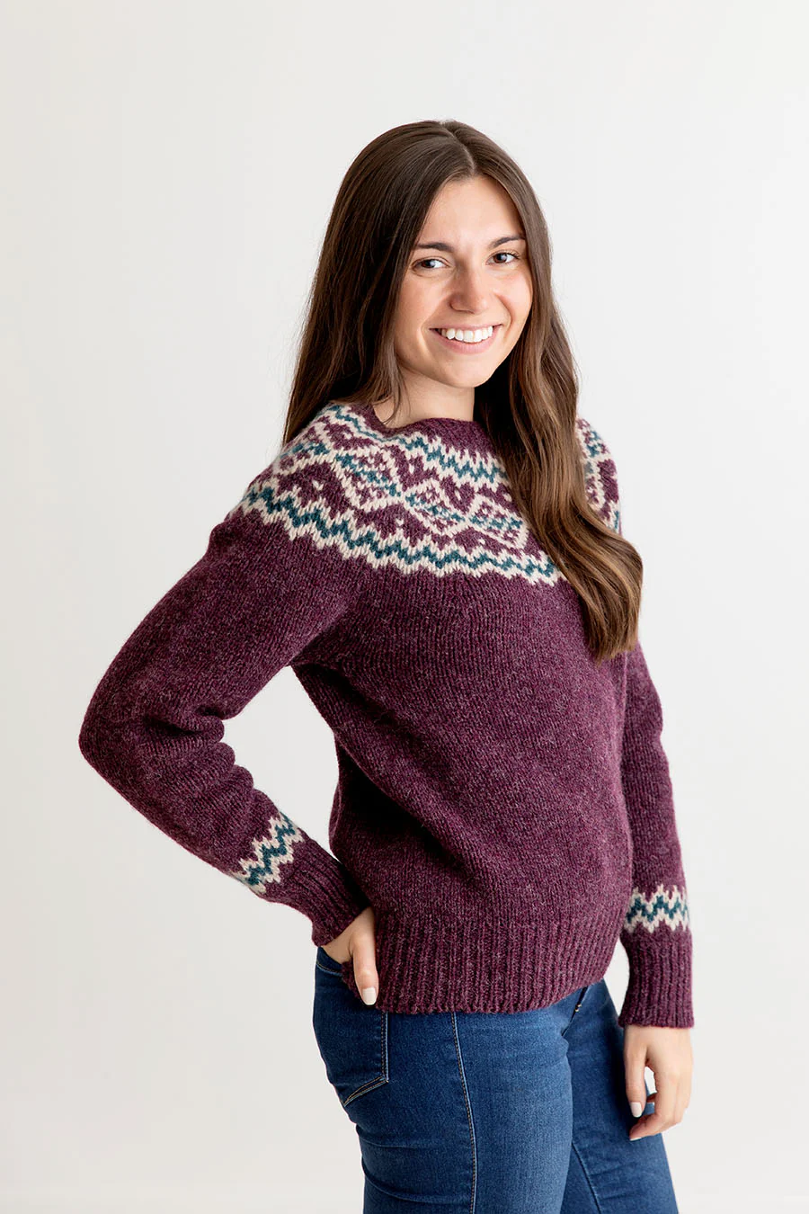 Womens Chunky Finnieston Yoke Fair Isle Jumper - Aubergine - Image 6