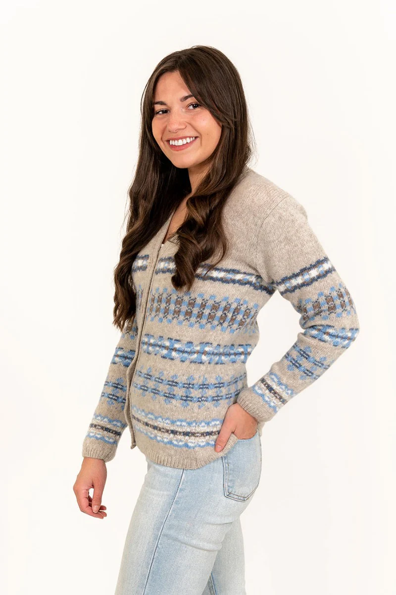 Womens Craigievar V-neck Fair isle Cardigan - Beige Blue - Image 2