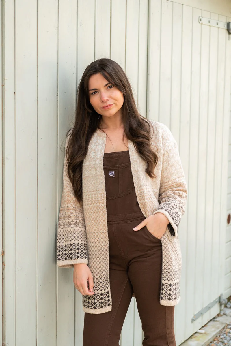 Womens Fair isle Long Kimono Cardigan / Coatigan - Beige - Image 7