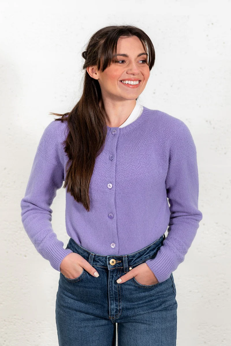 Womens Geelong Superfine Lambswool Gansey Cardigan - Lilac - Image 2